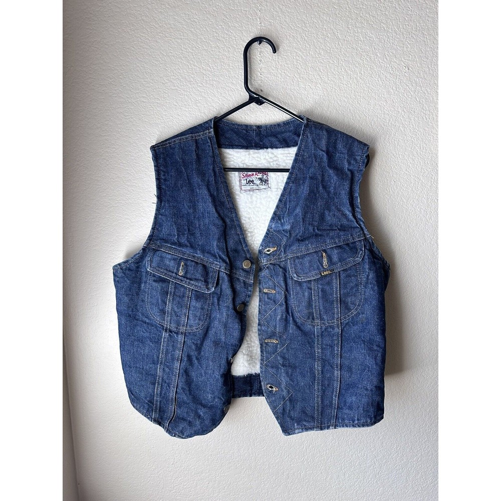 Vintage 80s Lee Storm Rider Denim Jean Sherpa Lining Vest Gently Used